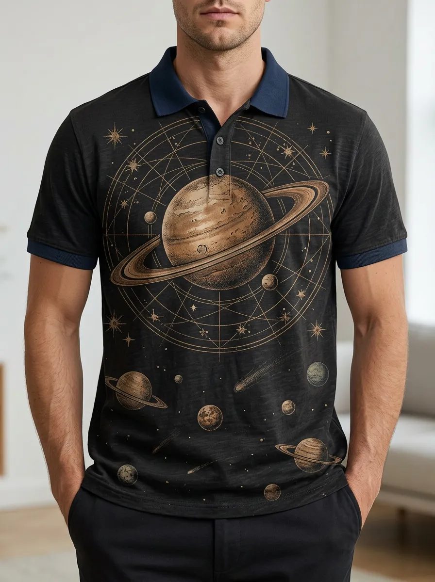 Men's Astronomy Lover Saturn Solar System Printed Polo Shirt Versatile Daily Style