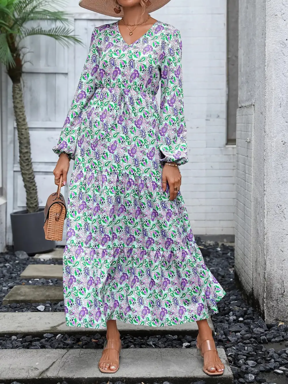 Smooth Finish Printed V Neck Long Sleeve Dress