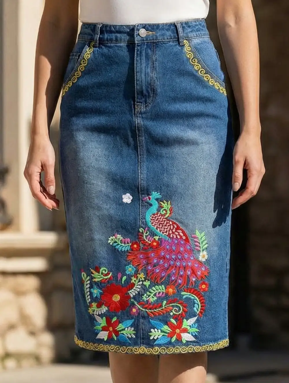 Embroidered Denim Midi Skirt