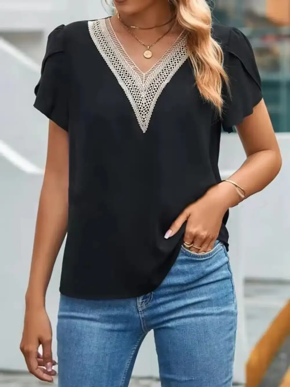 Refined V-Neck Petal Sleeve Blouse