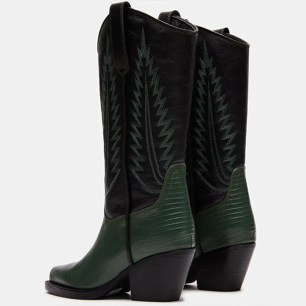 Classic Faux-Leather Embroidered Pointed-Toe Chunky-Heel Mid-Calf Boots