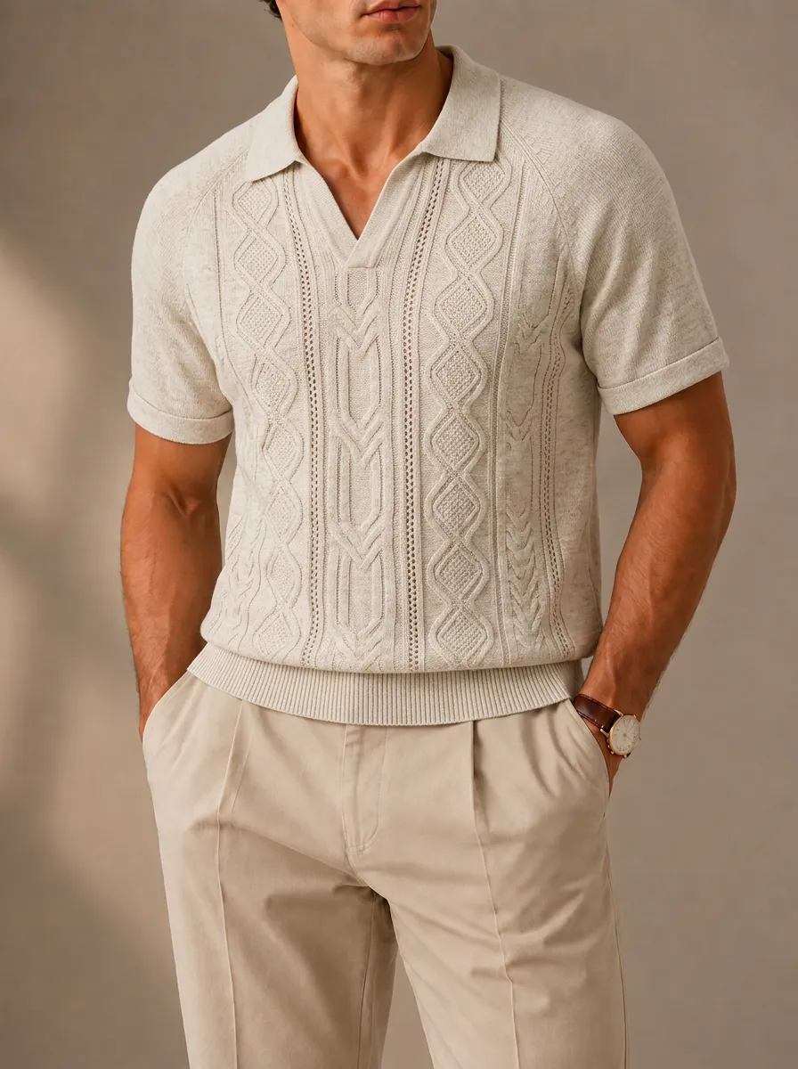 Men's Vintage Cable Knit Textured V-Neck Polo Shirt
