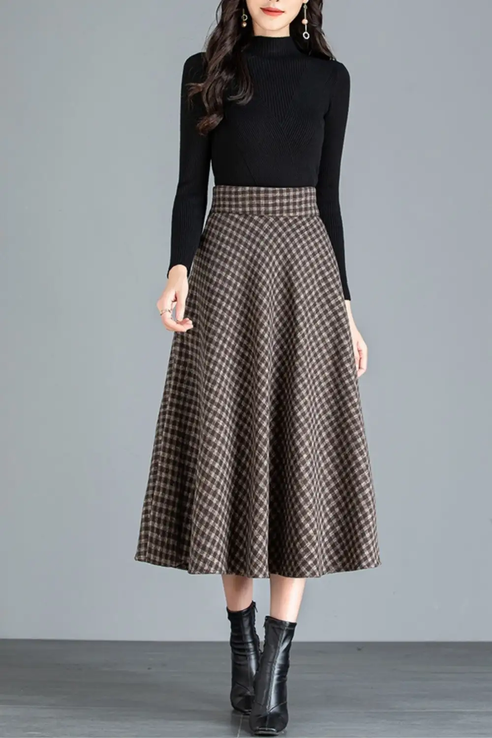 Checkered Wool Blend A Line High Waist Midi Skirt