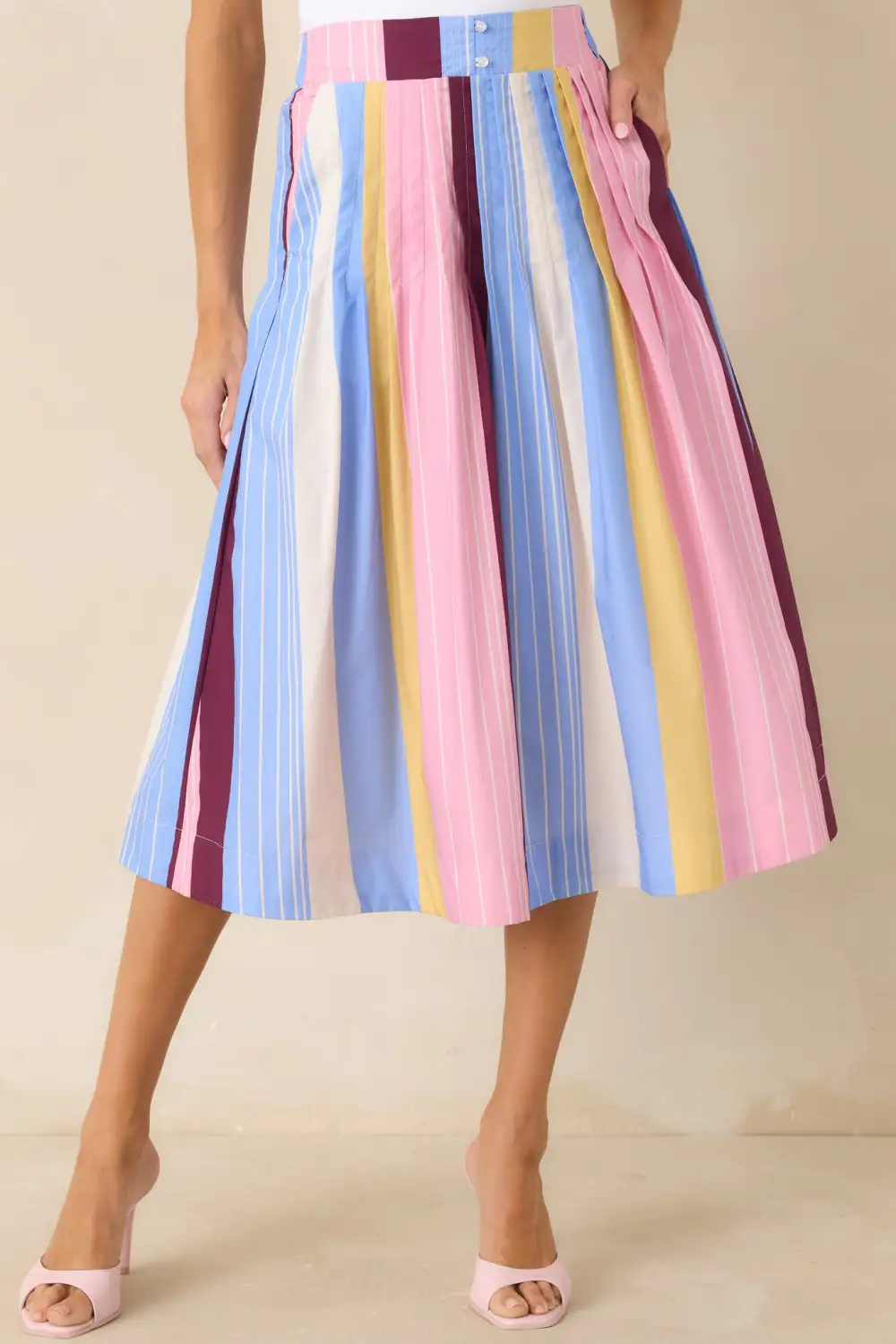 Striped Pleated Midi Skirt