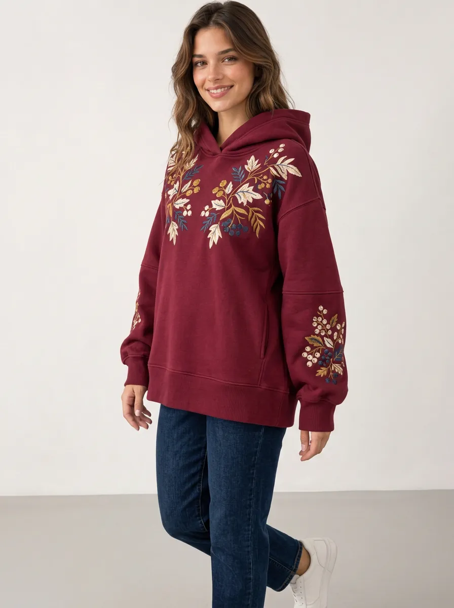 Women's Relaxed Layer Botanical Floral Embroidered Graphic Nature Inspired Hoodie