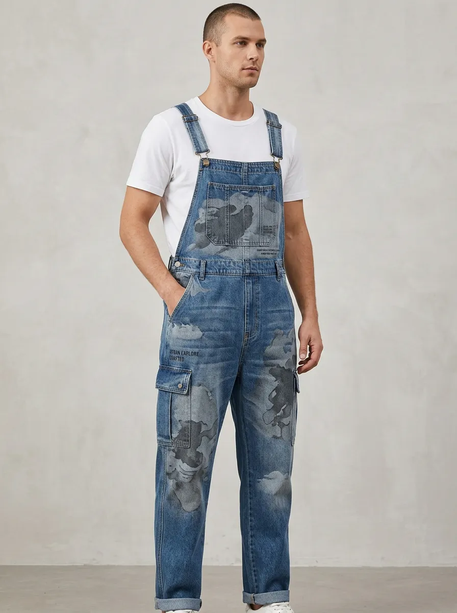 Print Denim Cargo Overalls