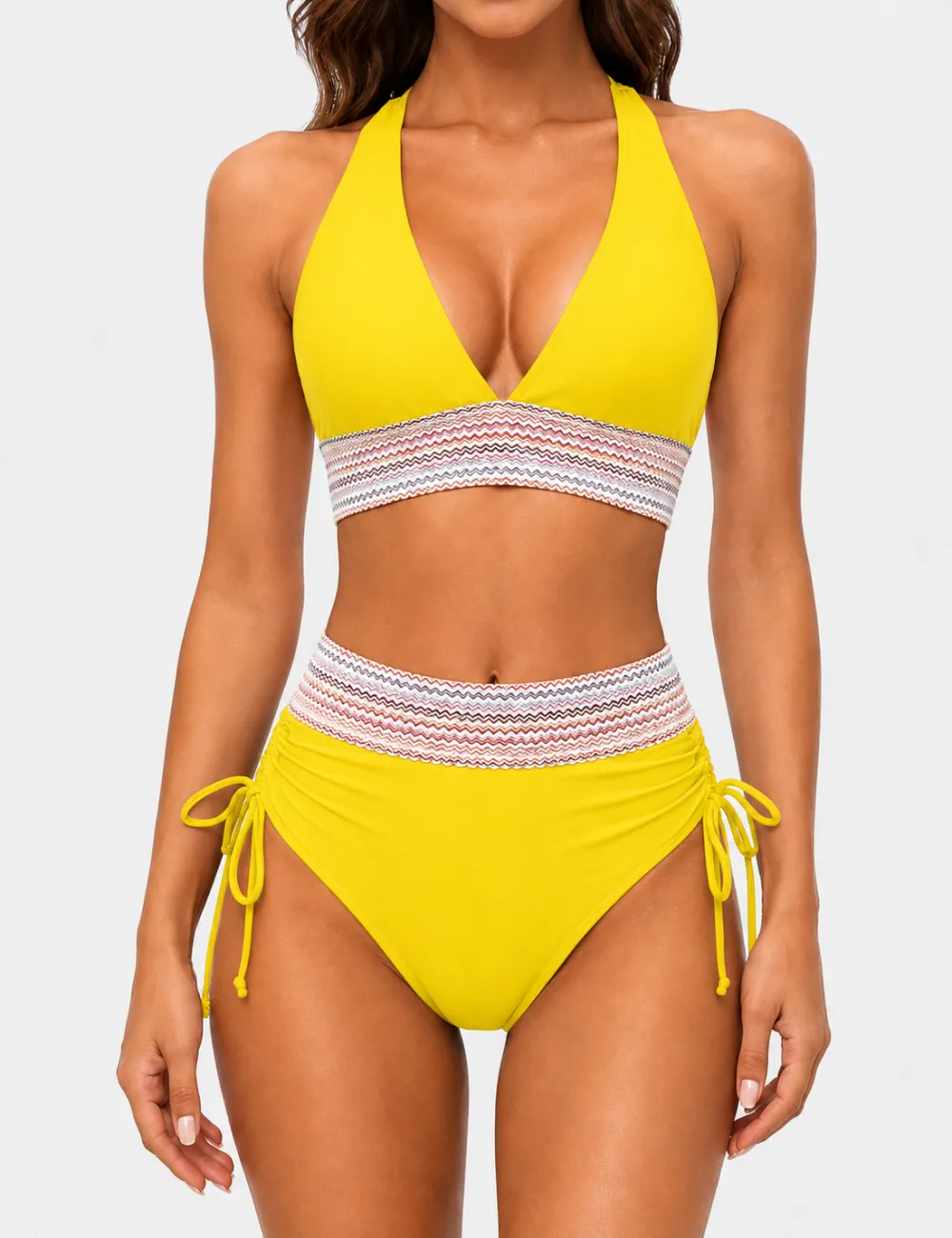 Deep V Neck Colorful Zigzag Smocked Trim Bikini Set