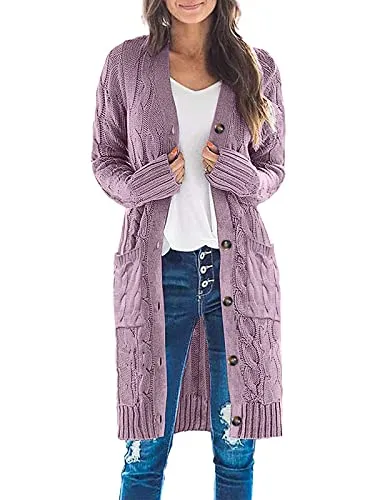 Womens Long Sleeve Cable Knit Long Cardigan Open Front Button Sweater Outerwear