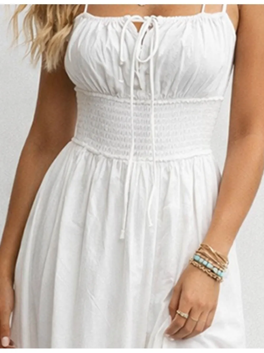 Square Neck Front Smocked Waist Midi Dress