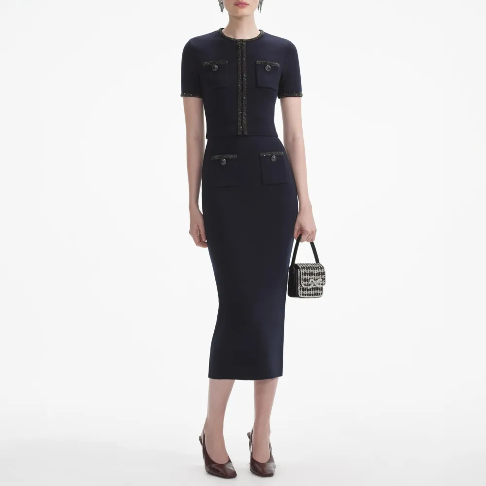Navy Embellished Knit Midi Skirt
