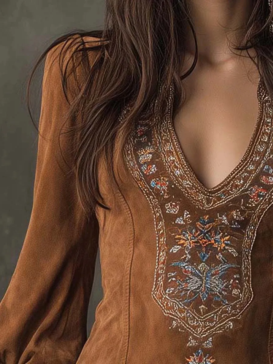 Retro Neck Embroidered Mini Dress