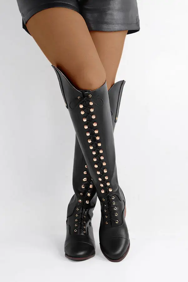 Black Metal Decor Lace-Up Boots