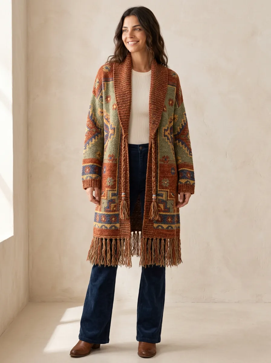 Women's Boho Southwestern Pattern Tassel Trimmed Knitted Cardigan