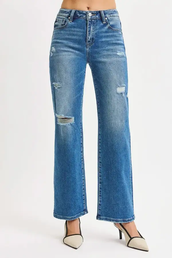 Balanced High Waist Straight Leg Distressed Denim Jeans