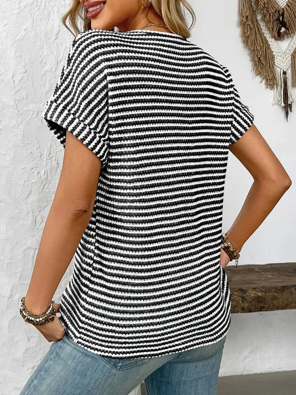 Everyday Striped Notched Short Sleeve T-Shirt