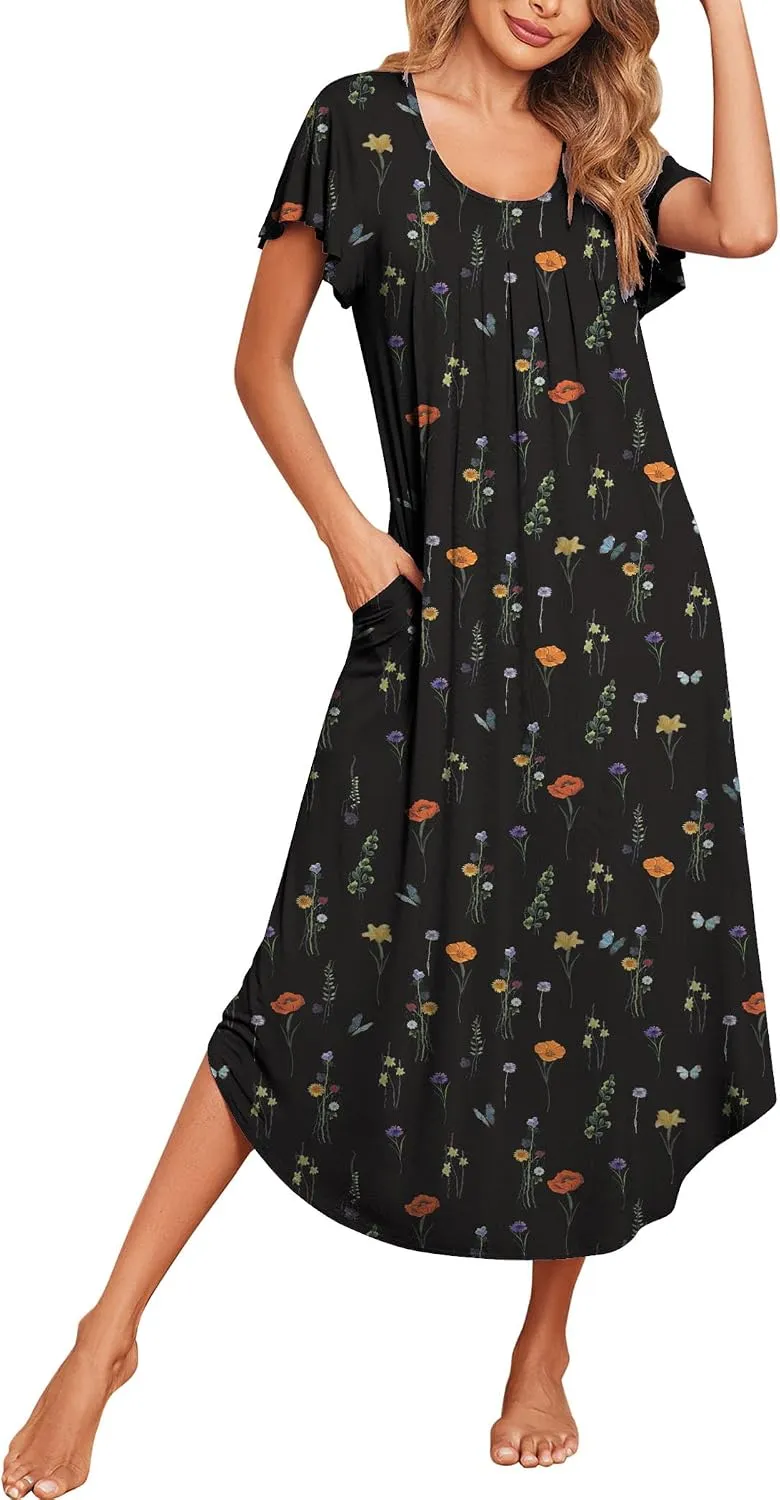 Ekouaer Long Nightgowns for Women with Pockets Short Sleeves House Dresses