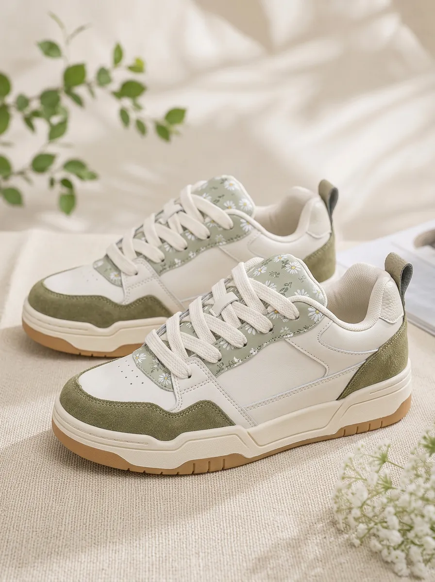 Men's Sage Green Daisy Floral Printed Sneakers