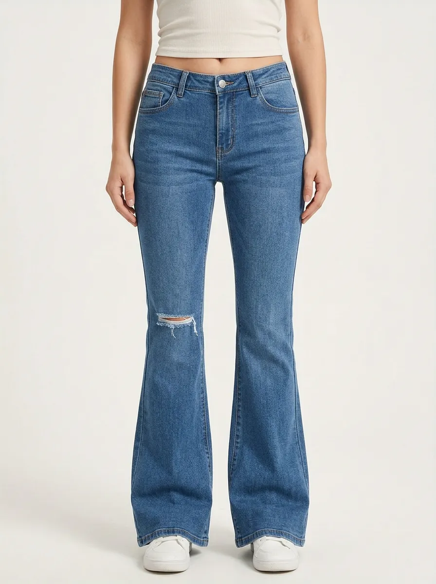 Women's Mid-Rise Right-Knee Cutout Distressed Flare Jeans
