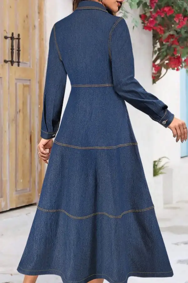 Blue Contrast-Stitch Denim Single-Breasted Midi Dress
