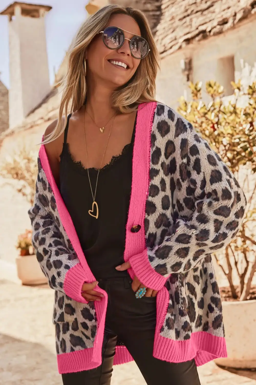 Oversized Color Block Trim Button Front Leopard Print Cardigan