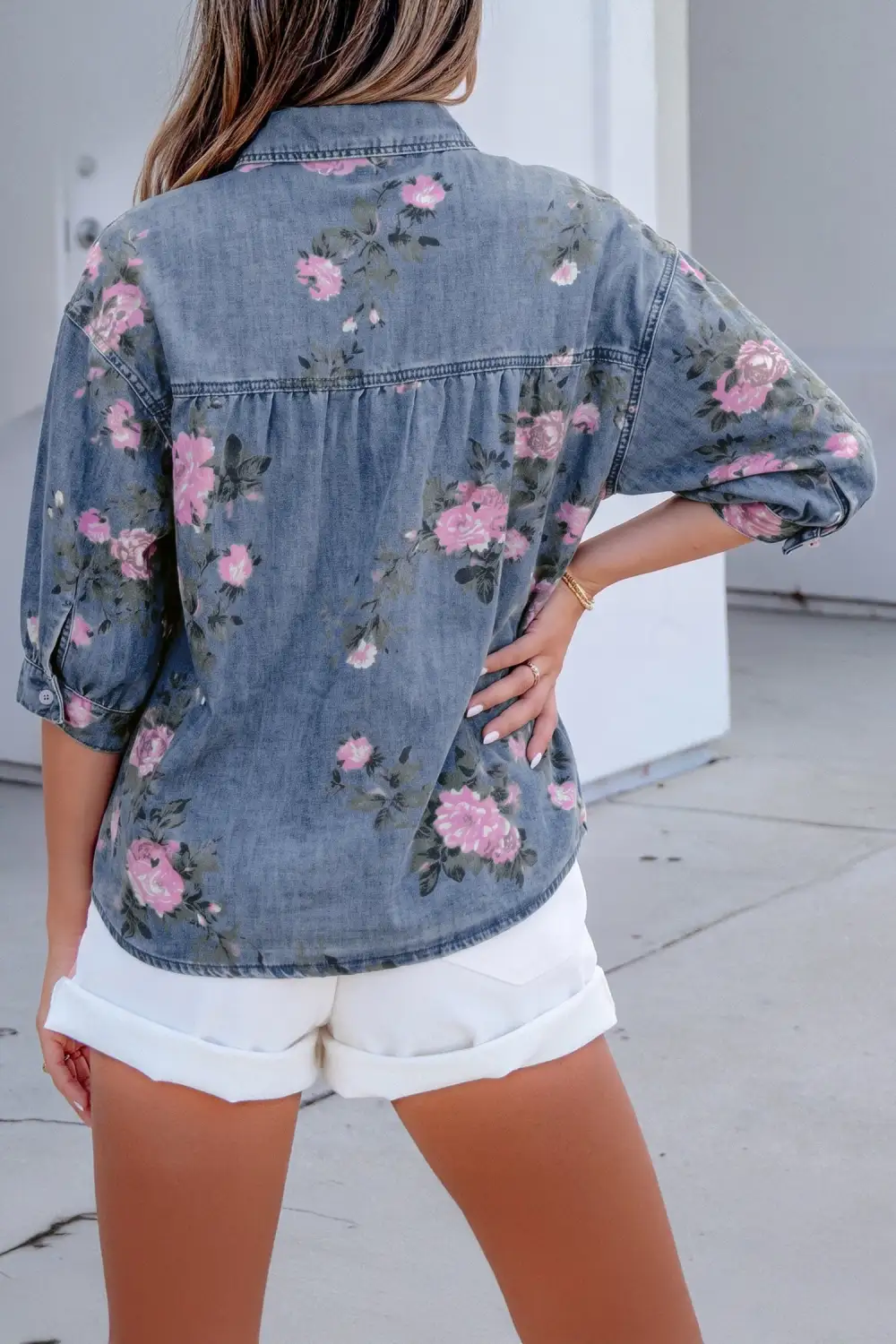 Women's Floral Print Denim Bracelet Sleeve Blouse