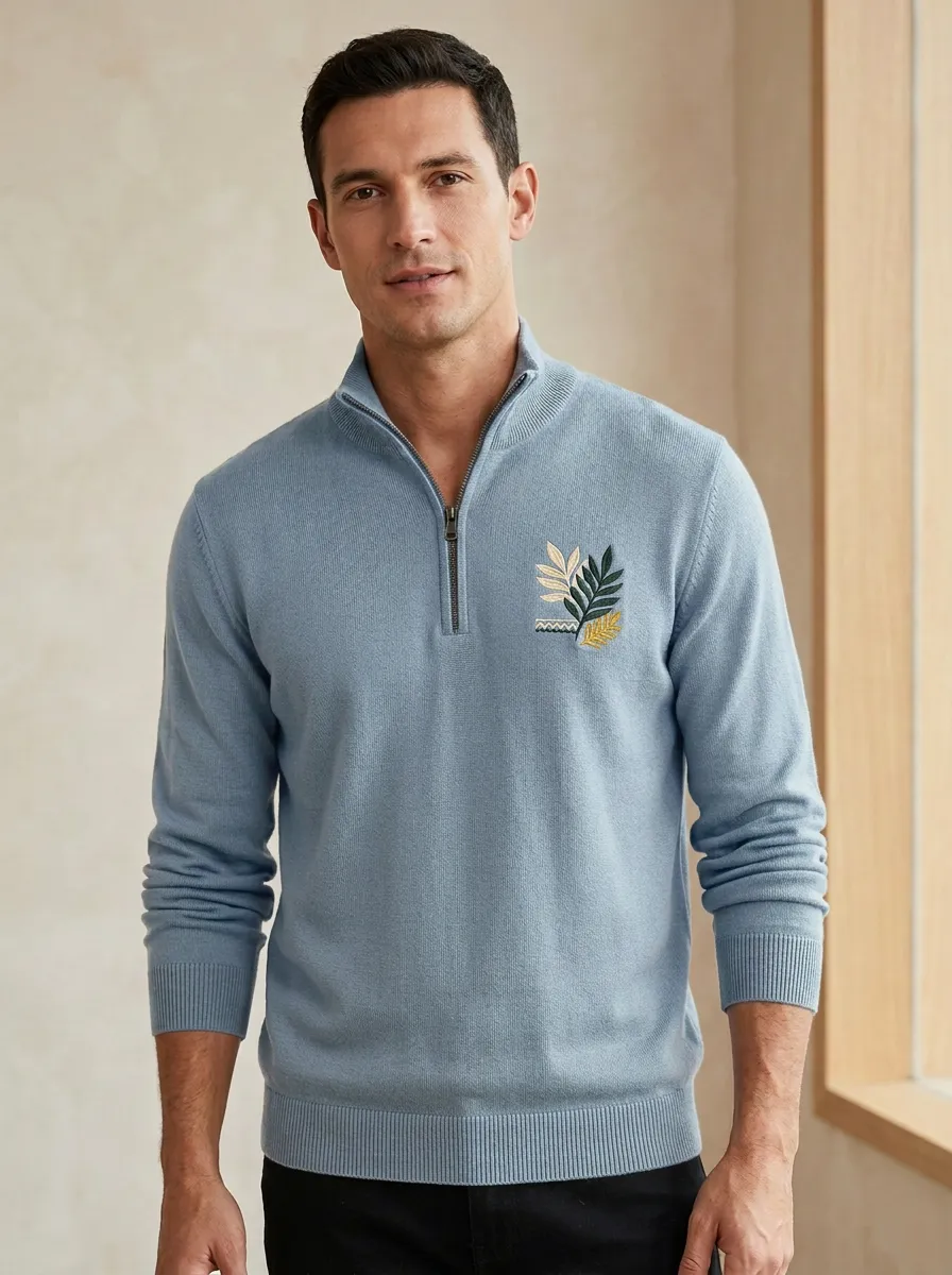 Layered Half-Zip Botanical Leaf-Pattern Men's Half-Zip Sweatshirt