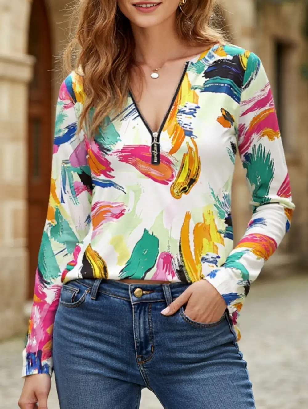 Geometric V-Neck Zip-Up Regular Top