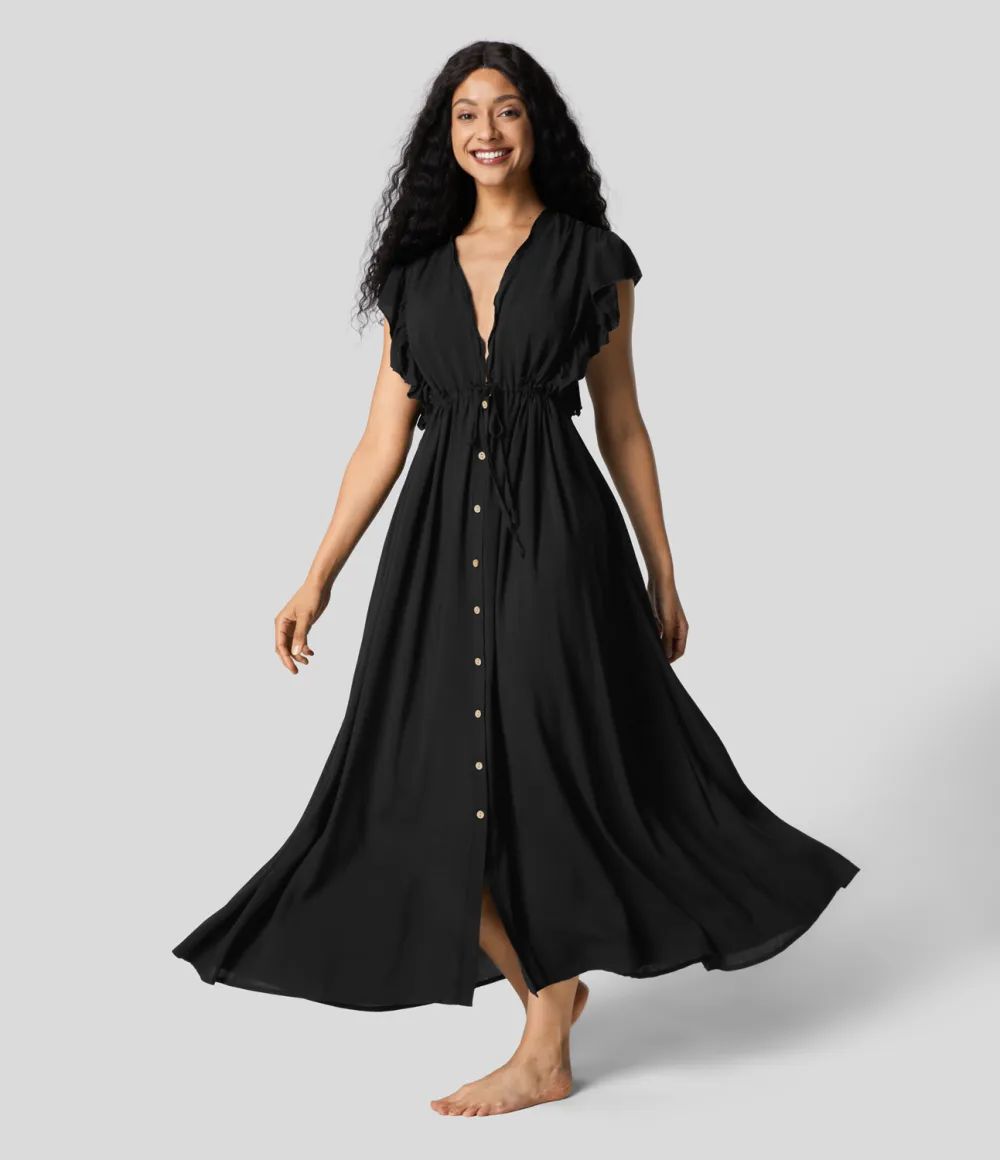 Deep V Neck Butterfly Sleeve Backless Drawstring Button Side Pocket Flowy Maxi Casual Dress
