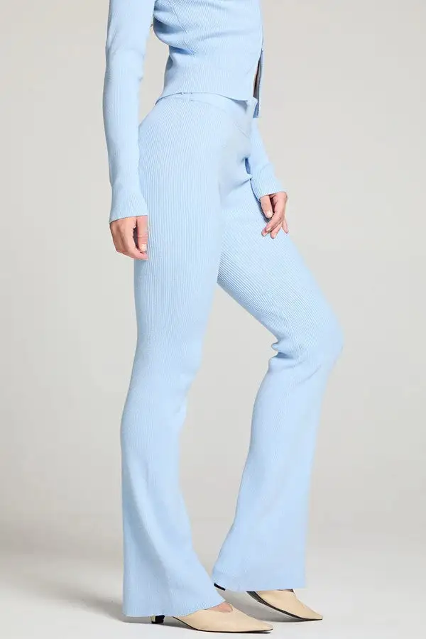 Light Blue Ribbed Knit Flare Pants