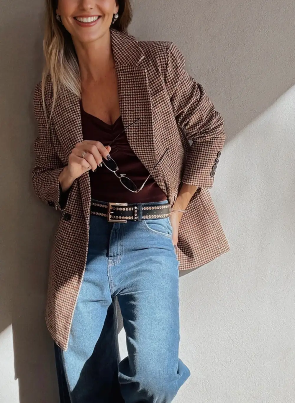 Women's Houndstooth Lapel Collar Blazer