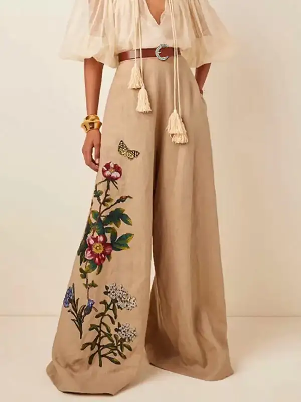 Layered High Waisted Loose Belted Flower Print Pockets Pants Trousers