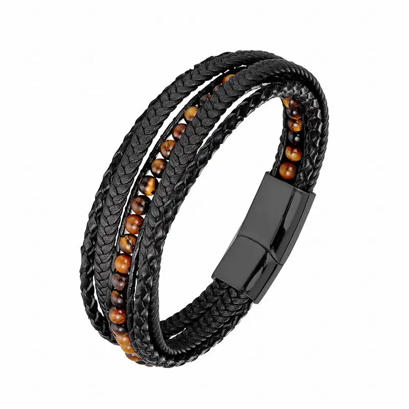 Hematite Agate Tiger Eye Amazonite Beaded Leather Bracelet