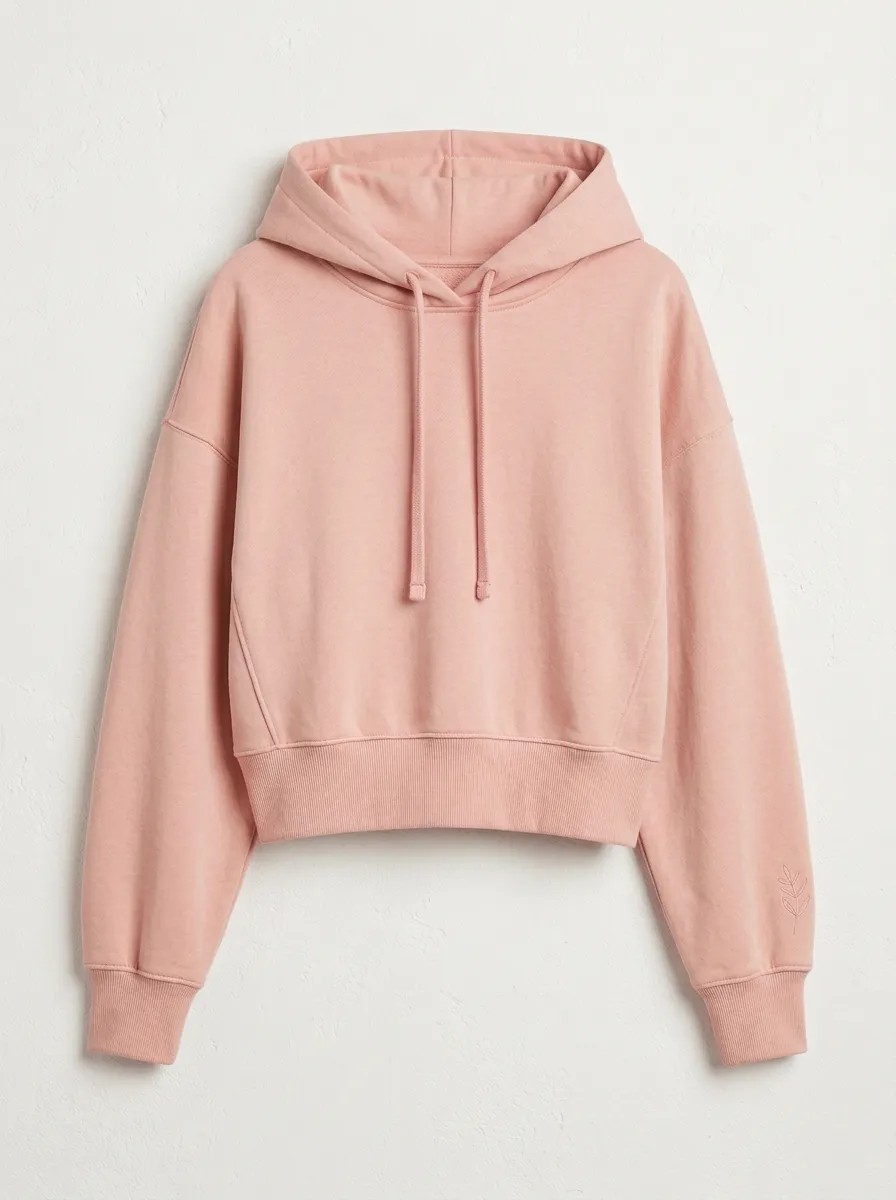 Women's Minimalist Beige Leaf Embroidered Cropped Hoodie