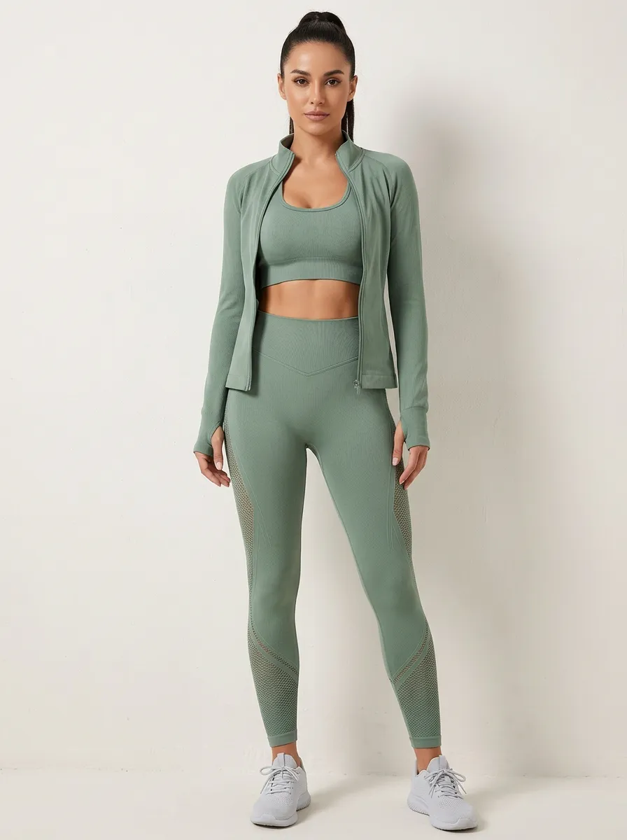 Performance-Inspired Mesh Detail Seamless Design Profile Women's Three Piece Activewear Set