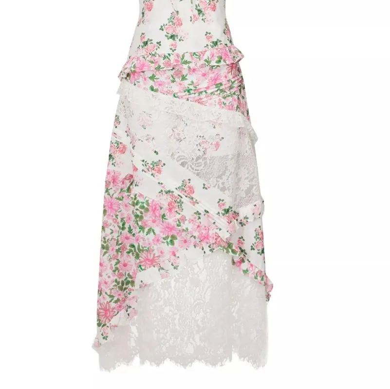 Lace Floral Print Ruffle Trim Maxi Dress