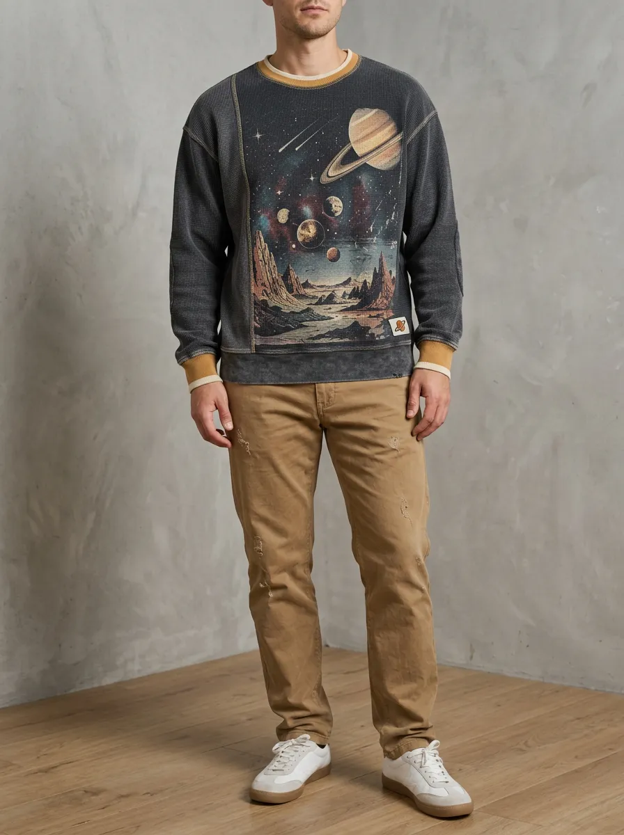 Men's Charcoal Graphic Printed Waffle Knit Crewneck Pullover