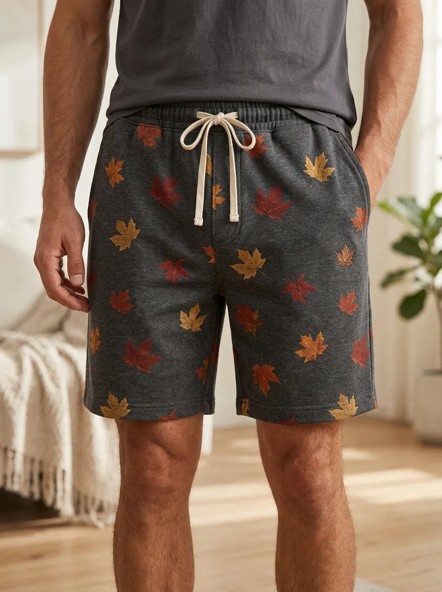 Maple Leaf Print Lounge Drawstring Shorts