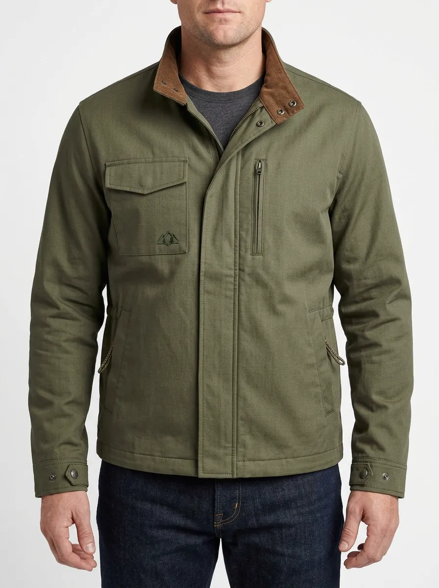 Men's Outdoor Adventure Mountain Printed Olive Field Jacket