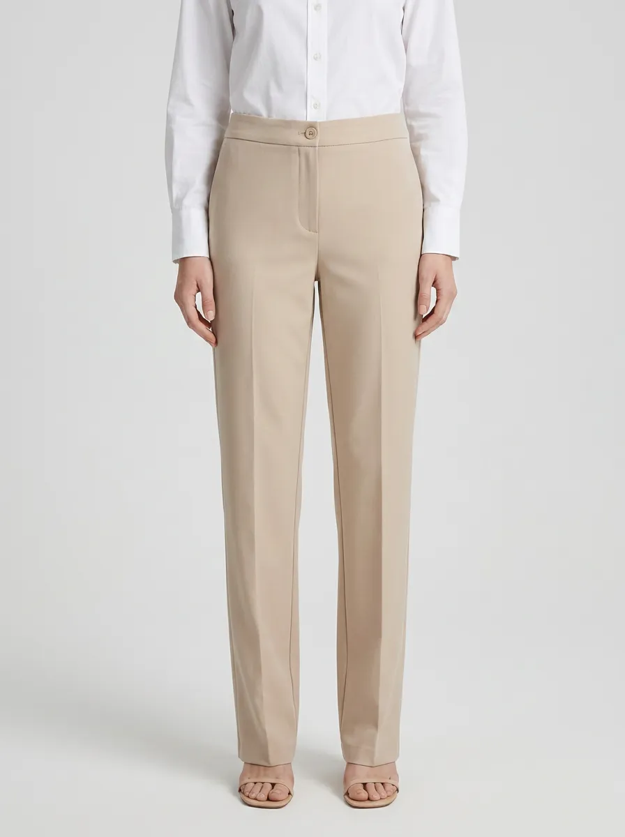 Women's Minimalist Beige Solid Color Mid-Rise Straight Leg Trousers
