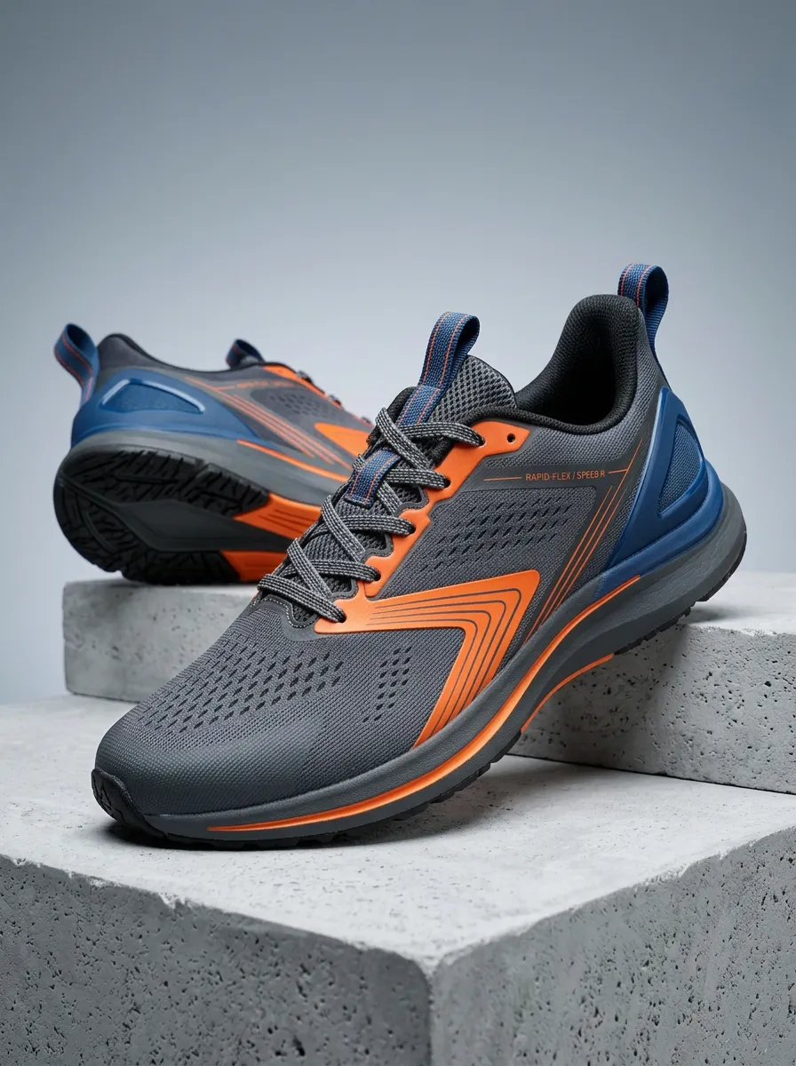 Men's Grey Orange Blue Mesh Breathable Printed Running Shoes