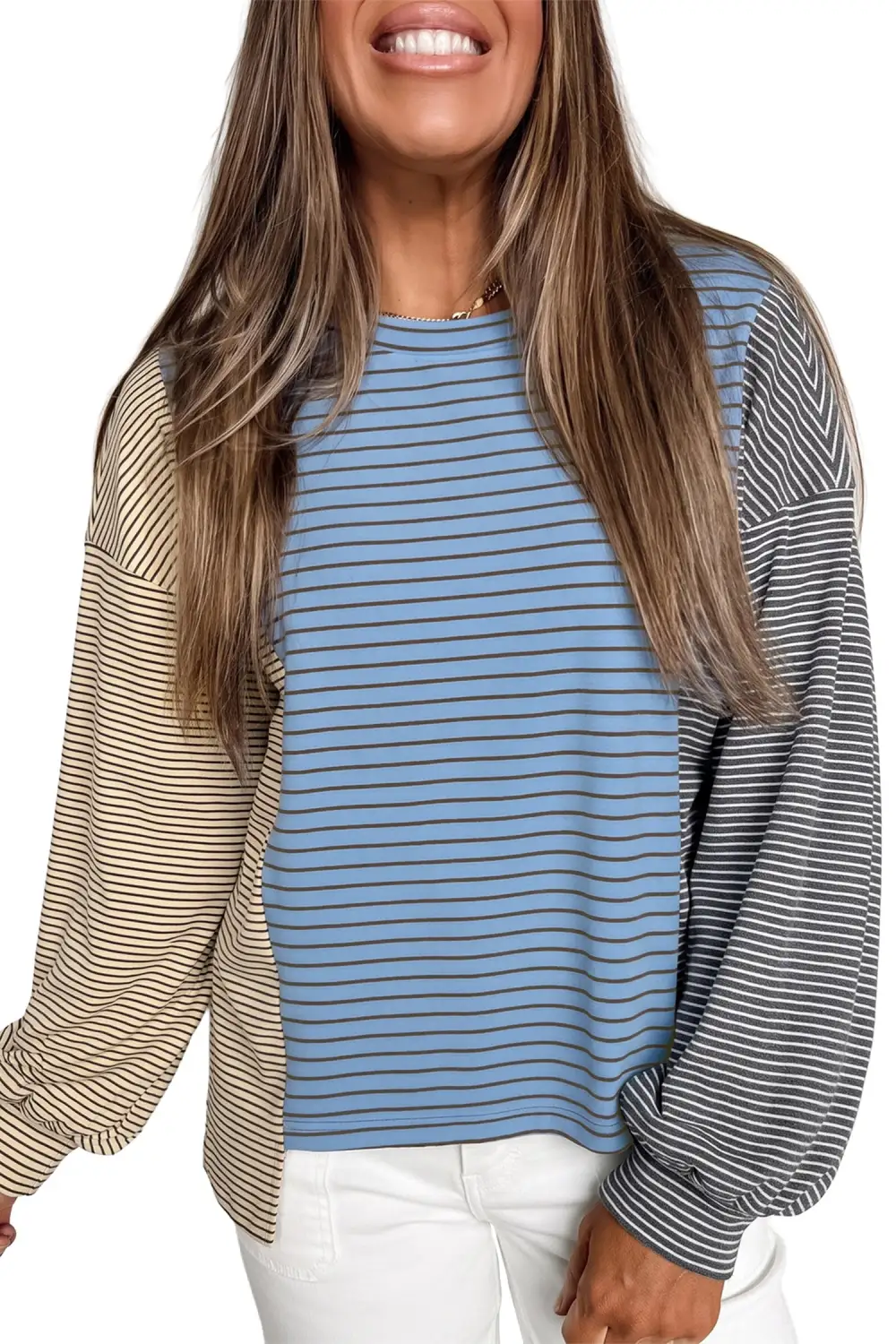 Striped Round Neck Relaxed Long Sleeve Top