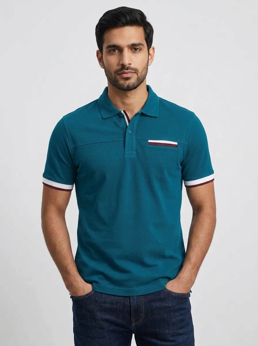 Men's Navy Blue Contrast Trim Striped Pocket Polo Shirt