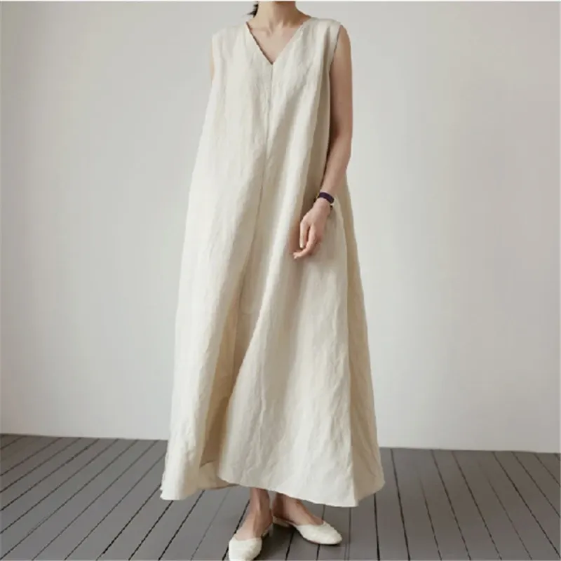 V-Neck Linen Blend Maxi Dress