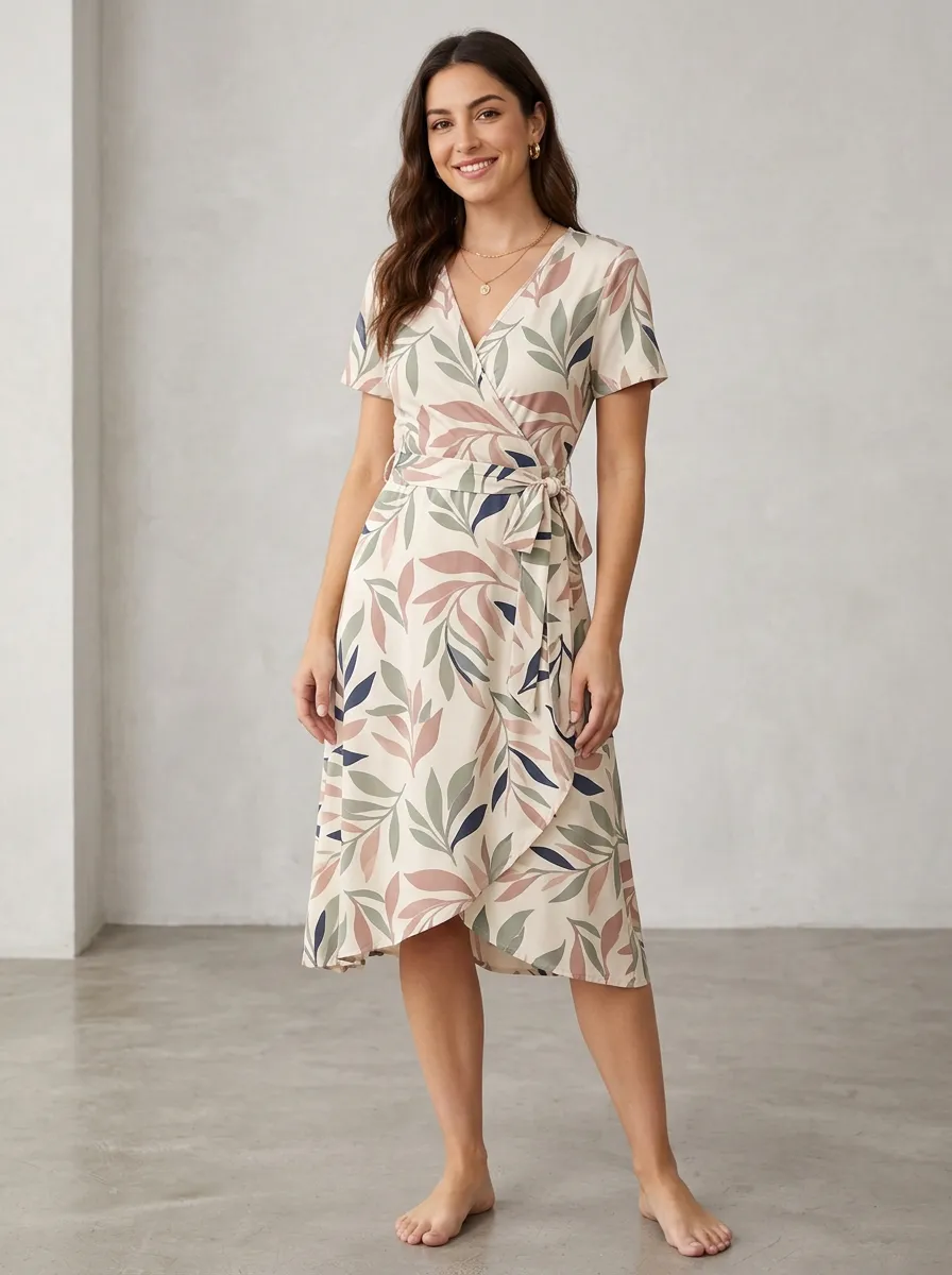 Women's Botanical Leaf Pattern Printed Wrap Dress