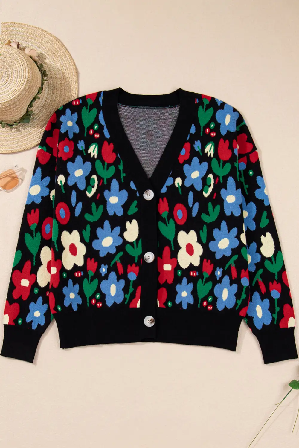 Button Front V Neck Floral Cardigan