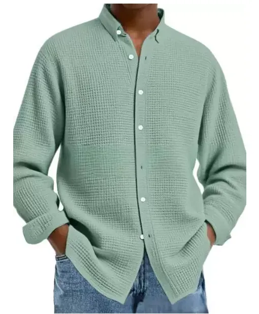 Men's Solid Color Waffle Knit Fashion Casual Long Sleeve Shirt Cardigan