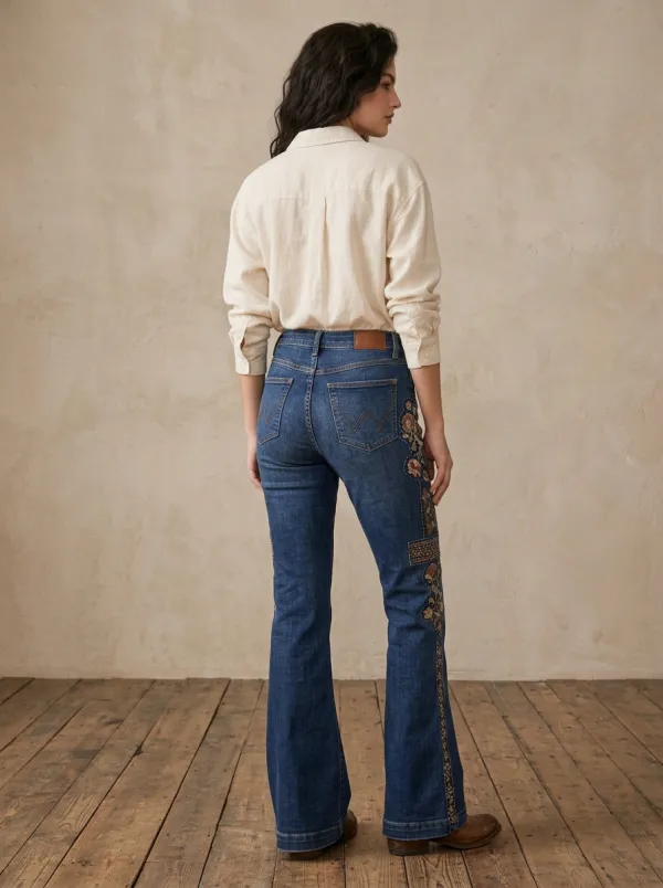 Women's Boho Style Floral Embroidered High Waisted Flare Jeans