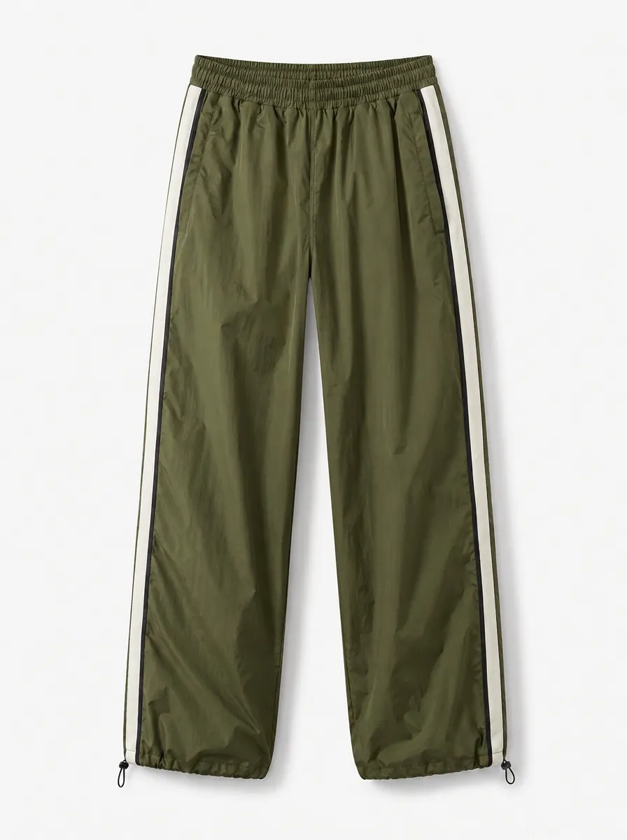 Women's Sporty Casual Olive Green Side-Striped Nylon Jogger Pants