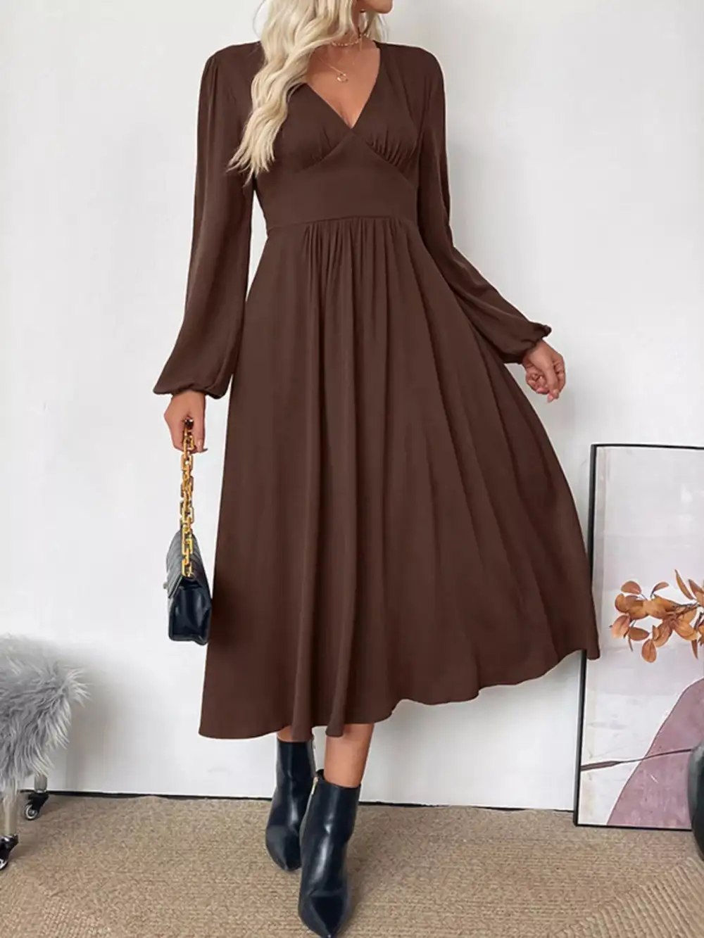 V-Neck Long Sleeve A-Line Midi Dress