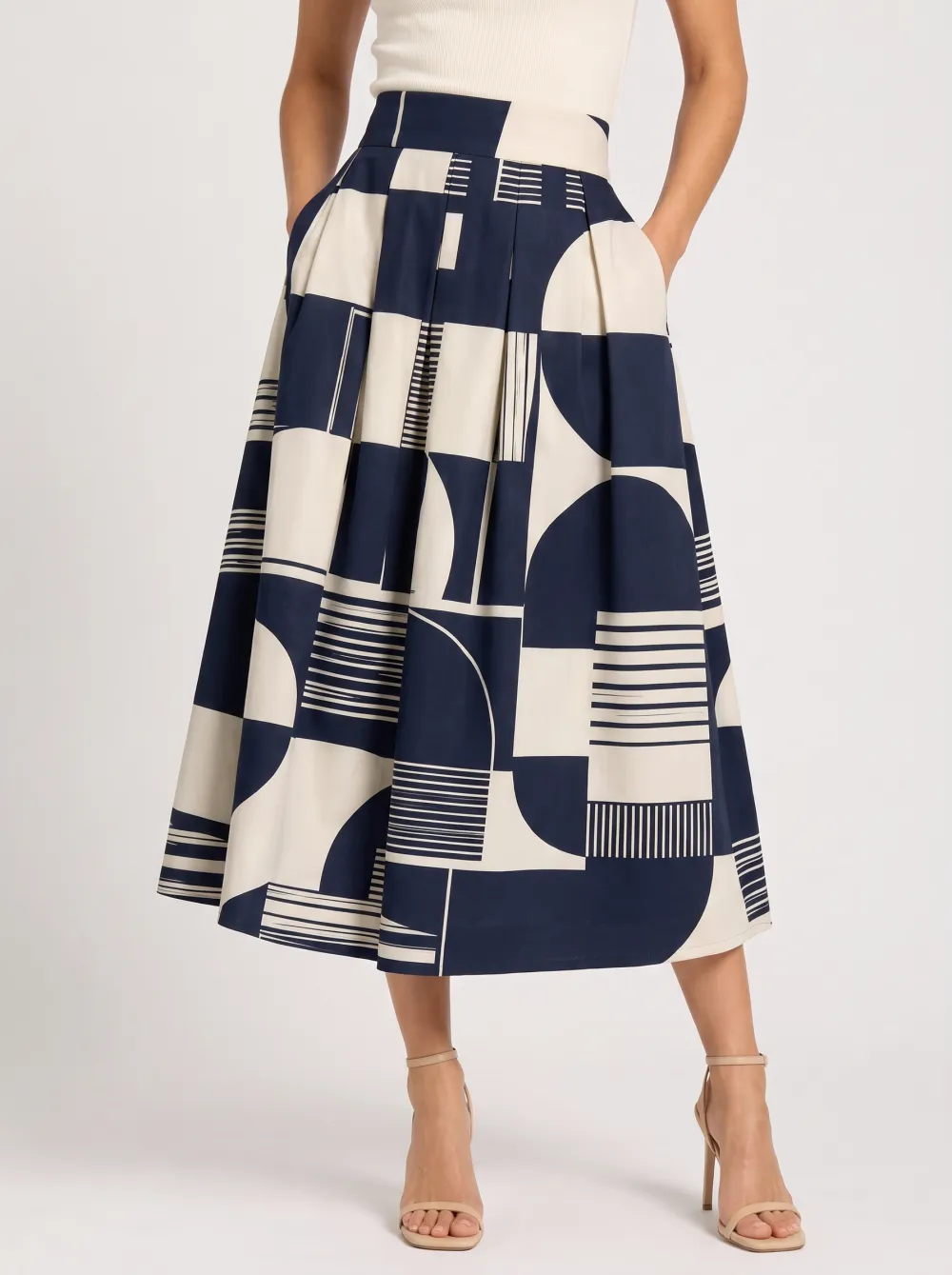 Women's Navy and Cream Geometric Print Midi Skirt